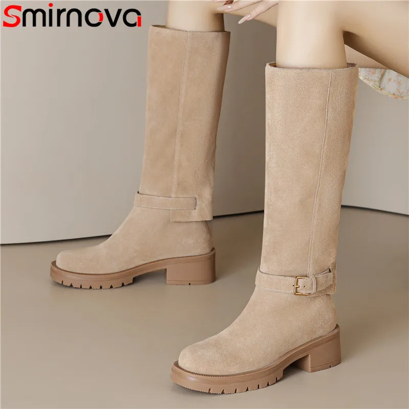Smirnova 2023, Нови зимни ботуши от волска кожа, велур, Ботуши до коляното на средно квадратен ток, Слипоны, женски модел обувки на платформа