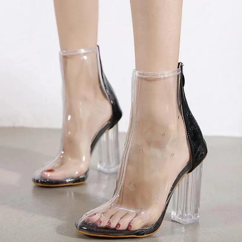 Новост 2023 г., дамски обувки от прозрачно PVC с високи токчета, Дамска мода за нощен клуб, Секси ботуши с висок ток, водоустойчиви дамски непромокаеми обувки